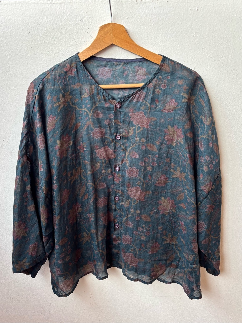 Floral linen Button-Front Jacket in Teal